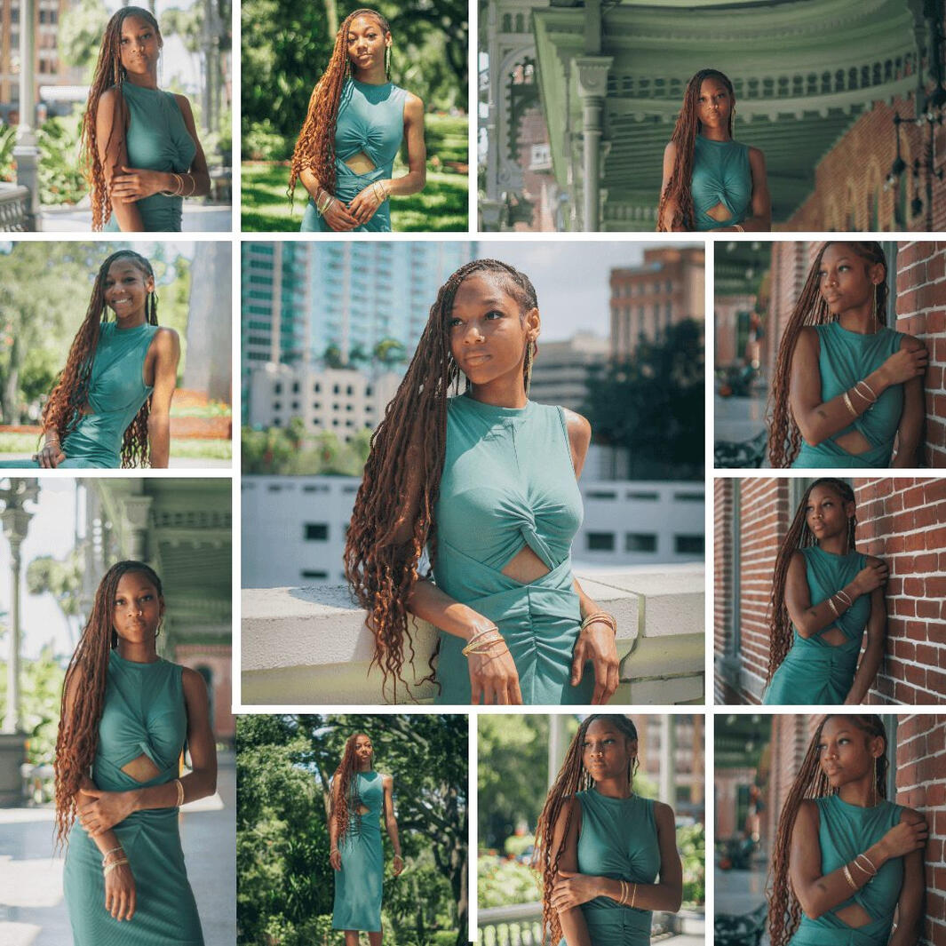 Collage of girl in the park and standing on the balcony of Henry B. Plant Museum